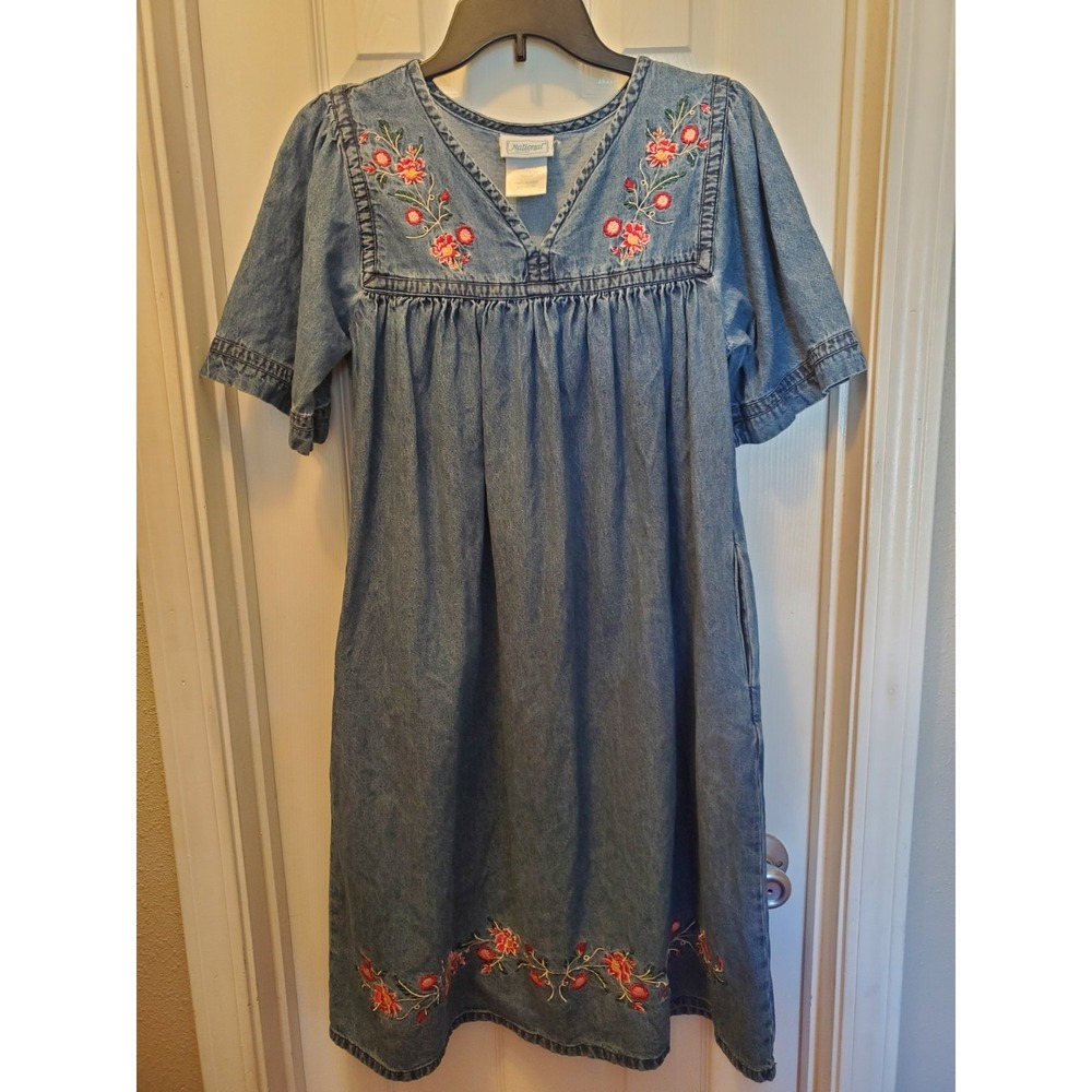 Vtg National Patio Dress Sz S Denim Floral Embroidery Jean‎ Short Slv cottage
